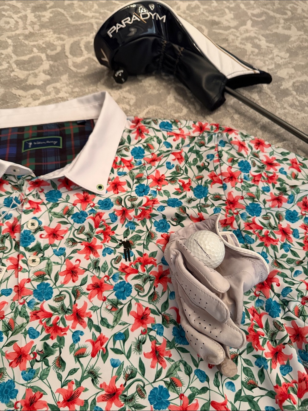William Murray Golf Floral Polo in White, Red & Teal